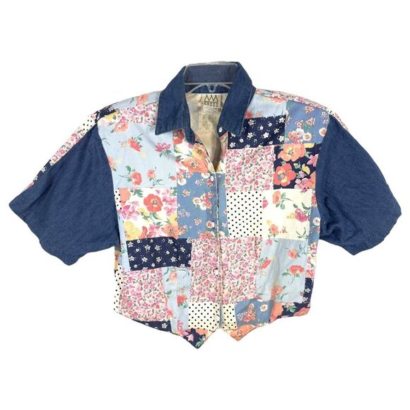 Vintage Rodeo Queen Medium Top Western Patchwork Denim Blue‎ Floral Cropped 295 - Picture 1 of 10